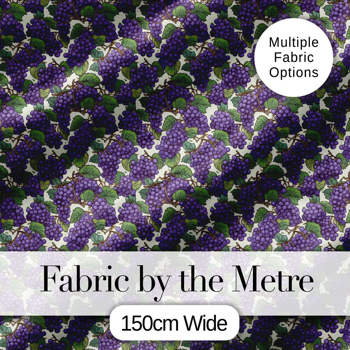 Rich Purple Grapes with Green Leaves on Black Seamless Pattern Digital Print Fabric by the Metre UK Sewing Quilting Textile