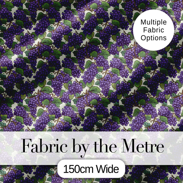 Rich Purple Grapes with Green Leaves on Black Seamless Pattern Digital Print Fabric by the Metre UK Sewing Quilting Textile