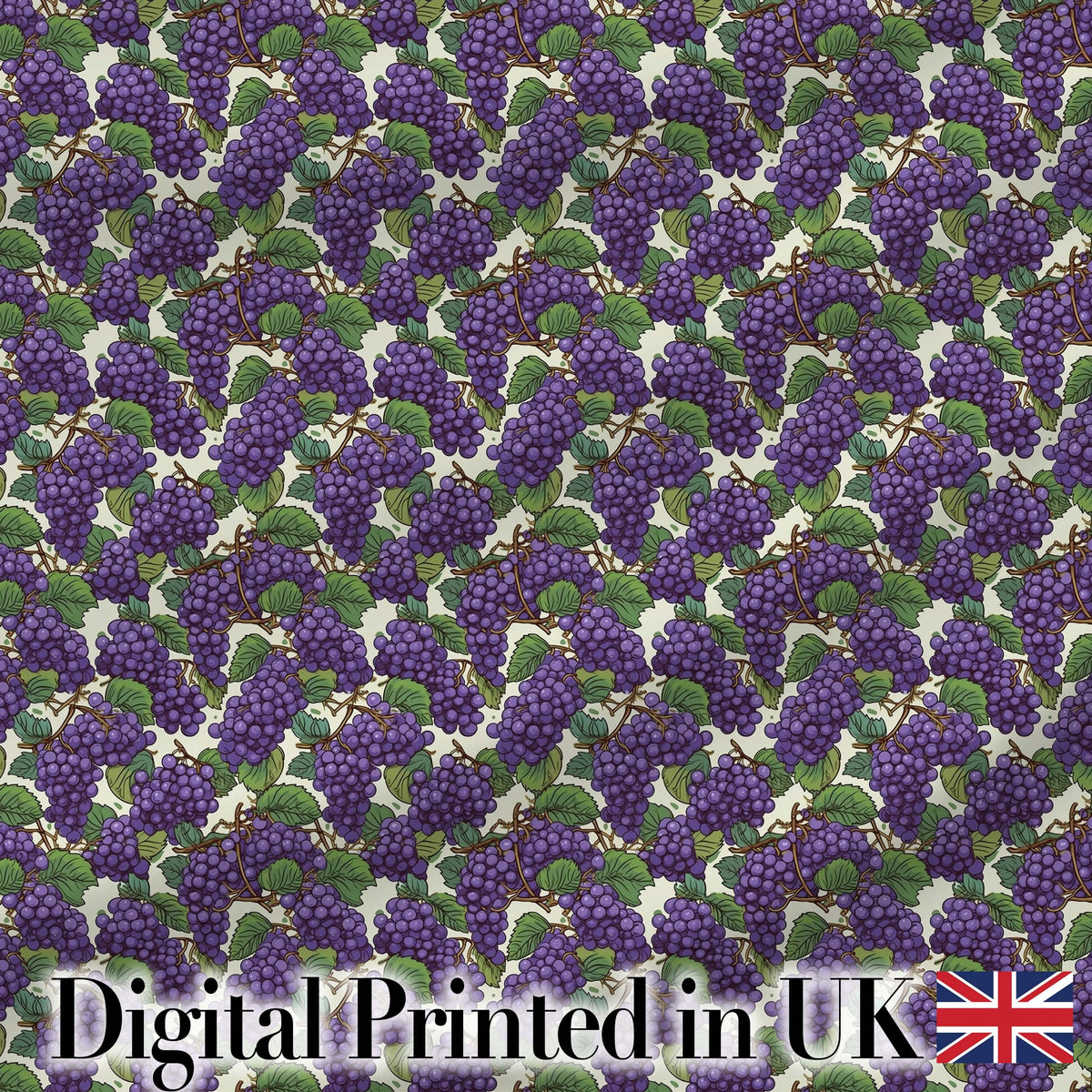 Rich Purple Grapes with Green Leaves on Black Seamless Pattern Digital Print Fabric by the Metre UK Sewing Quilting Textile