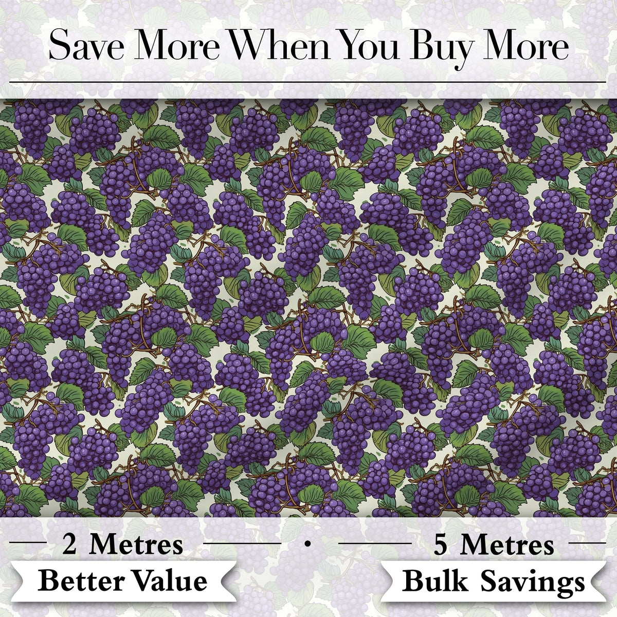 Rich Purple Grapes with Green Leaves on Black Seamless Pattern Digital Print Fabric by the Metre UK Sewing Quilting Textile