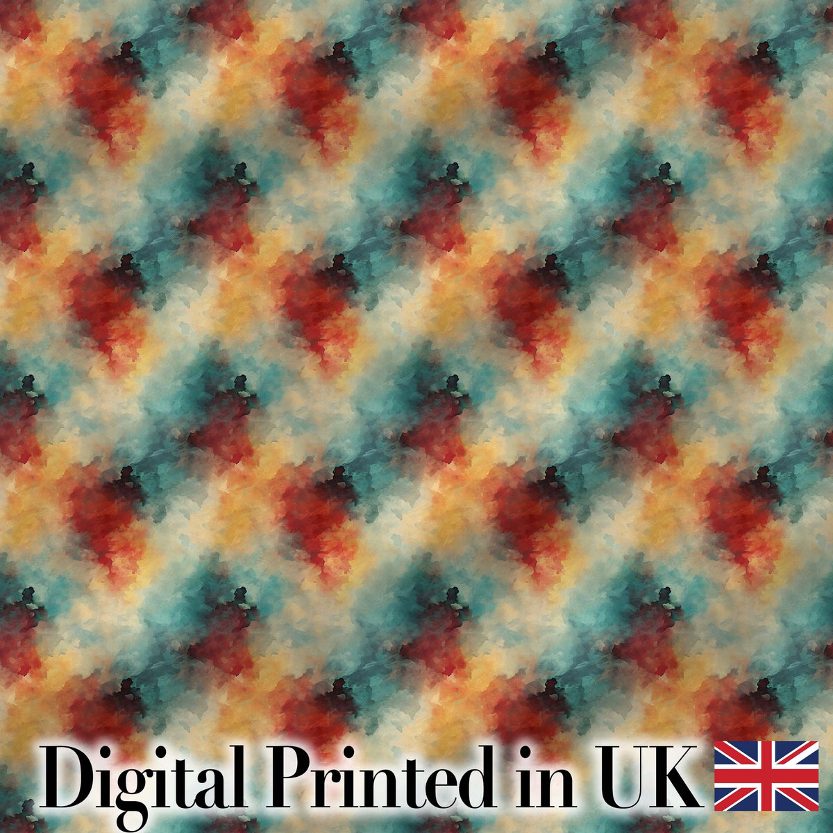 Abstract Watercolour Burst in Teal Orange and Red Seamless Pattern Digital Print Fabric by the Metre UK Sewing Quilting Textile