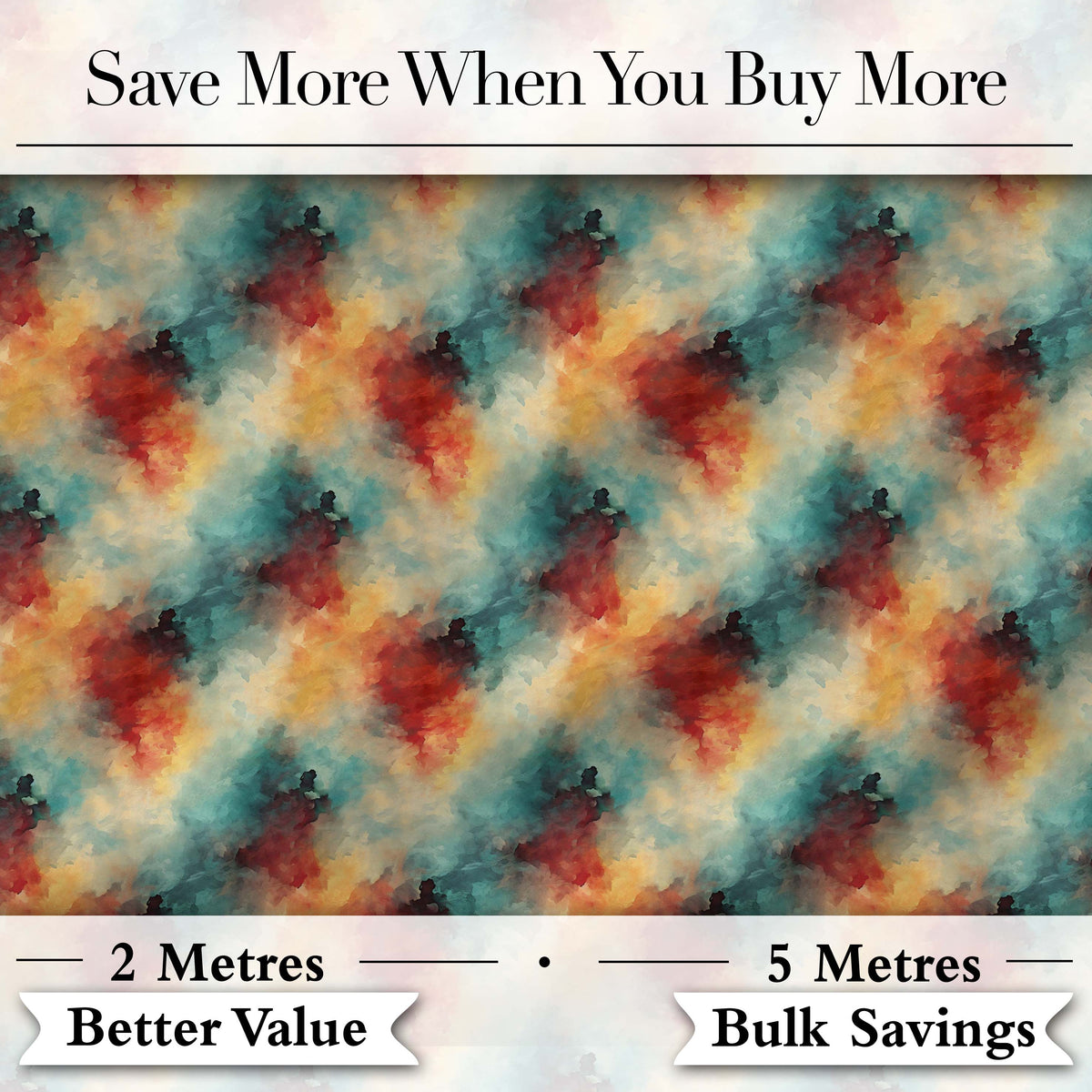 Abstract Watercolour Burst in Teal Orange and Red Seamless Pattern Digital Print Fabric by the Metre UK Sewing Quilting Textile