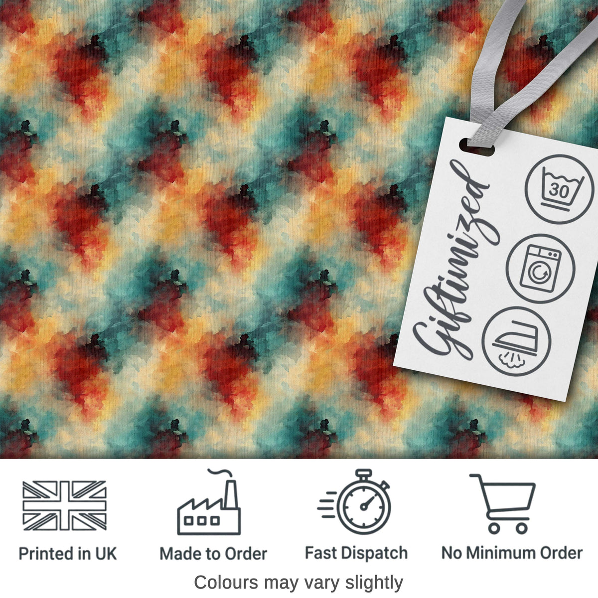 Abstract Watercolour Burst in Teal Orange and Red Seamless Pattern Digital Print Fabric by the Metre UK Sewing Quilting Textile