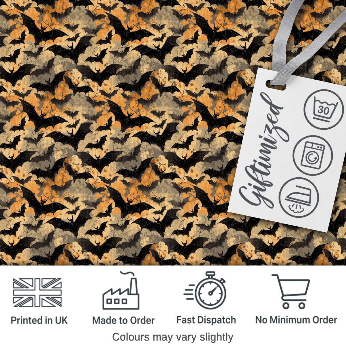 Vintage Halloween Bats in Autumn Leaves   Moody Orange and Black Gothic Design Digital Print Fabric by the Metre UK Sewing Quilting Textile