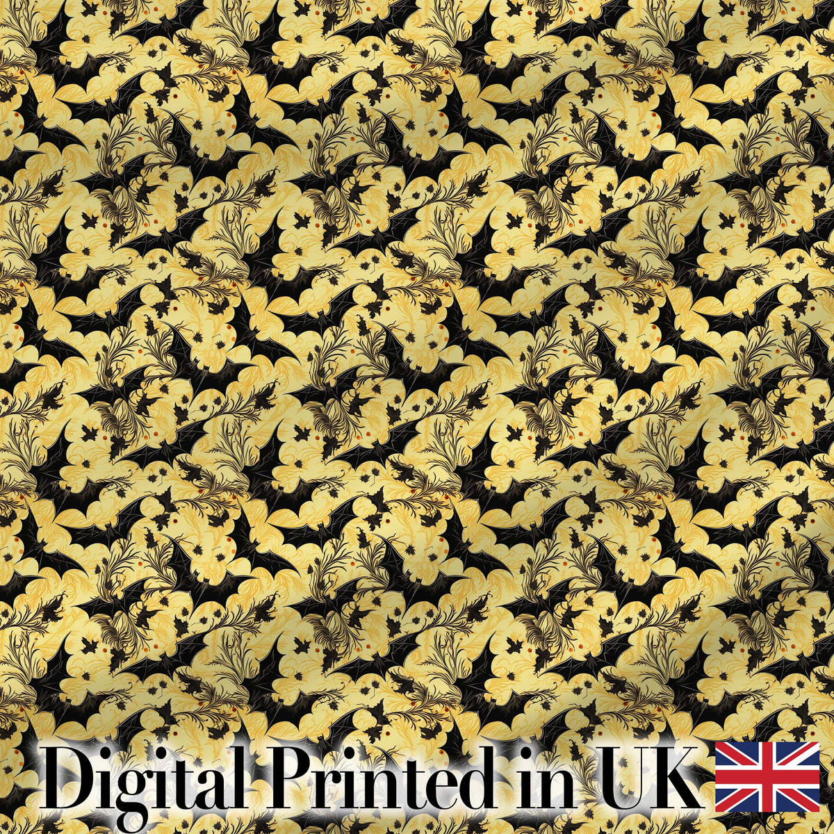 Ornate Gothic Bats with Floral Swirls on Golden Background Halloween   Digital Print Fabric by the Metre UK Sewing Quilting Textile