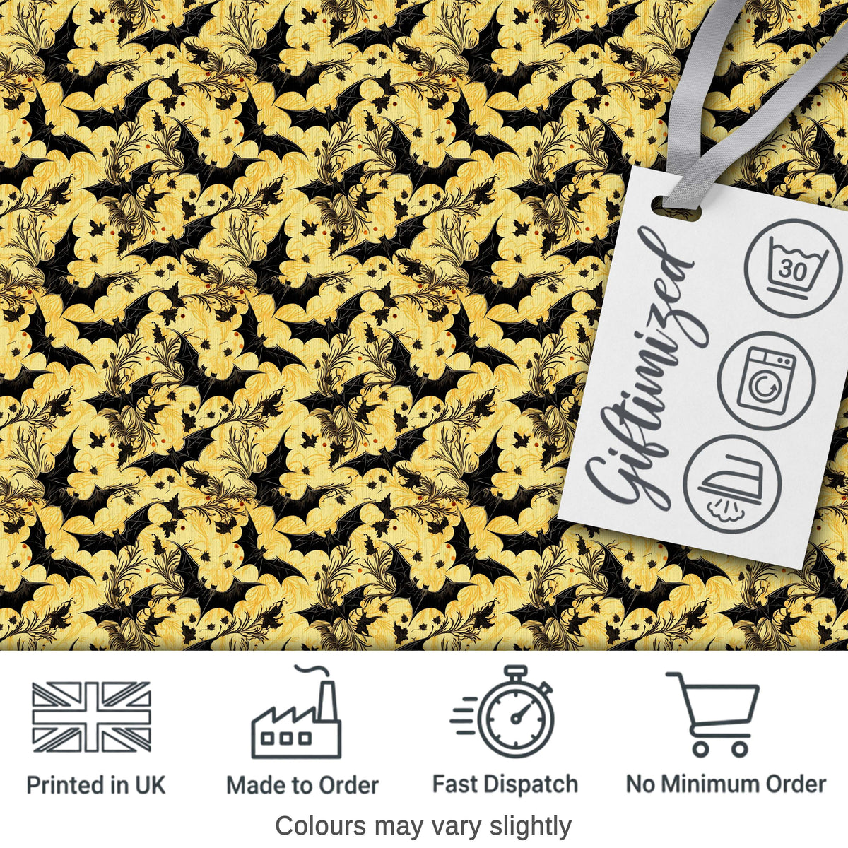 Ornate Gothic Bats with Floral Swirls on Golden Background Halloween   Digital Print Fabric by the Metre UK Sewing Quilting Textile