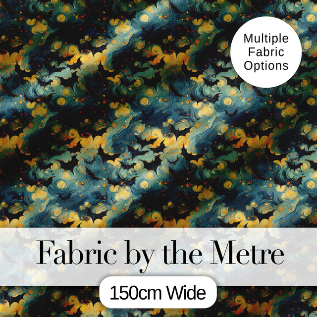 Starry Night Swirling Sky with Bats Artistic Van Gogh Style Halloween   Digital Print Fabric by the Metre UK Sewing Quilting Textile