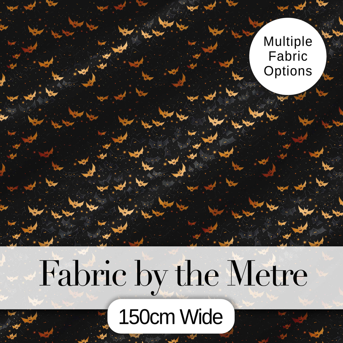 Cute Cartoon Bats and Stars on Black Background Fun Halloween Seamless Pattern Digital Print Fabric by the Metre UK Sewing Quilting Textile