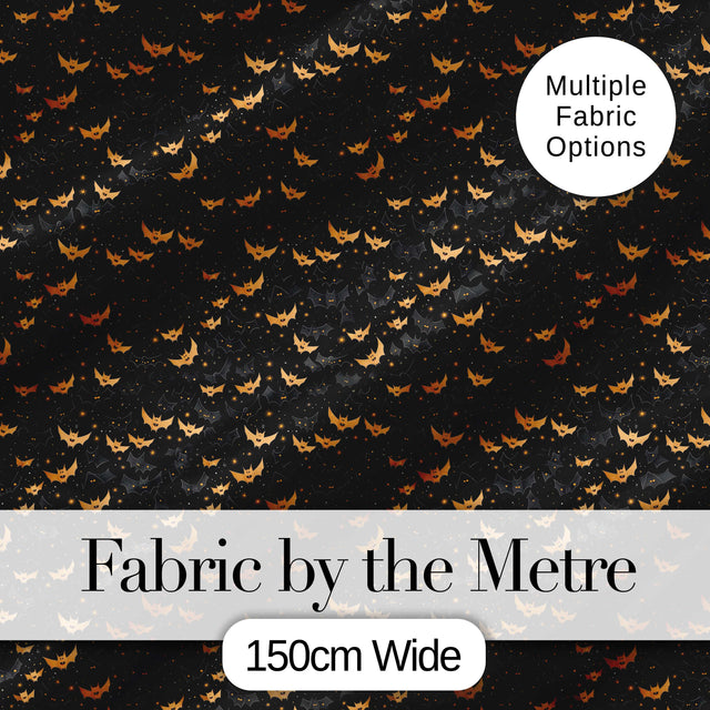 Cute Cartoon Bats and Stars on Black Background Fun Halloween Seamless Pattern Digital Print Fabric by the Metre UK Sewing Quilting Textile