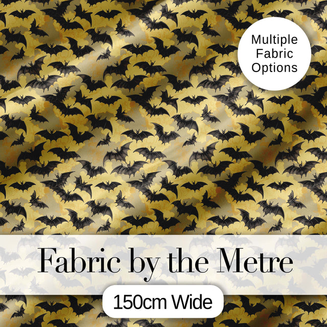 Classic Bats in Yellow Cloudy Sky Vintage Halloween Seamless Pattern Digital Print Fabric by the Metre UK Sewing Quilting Textile
