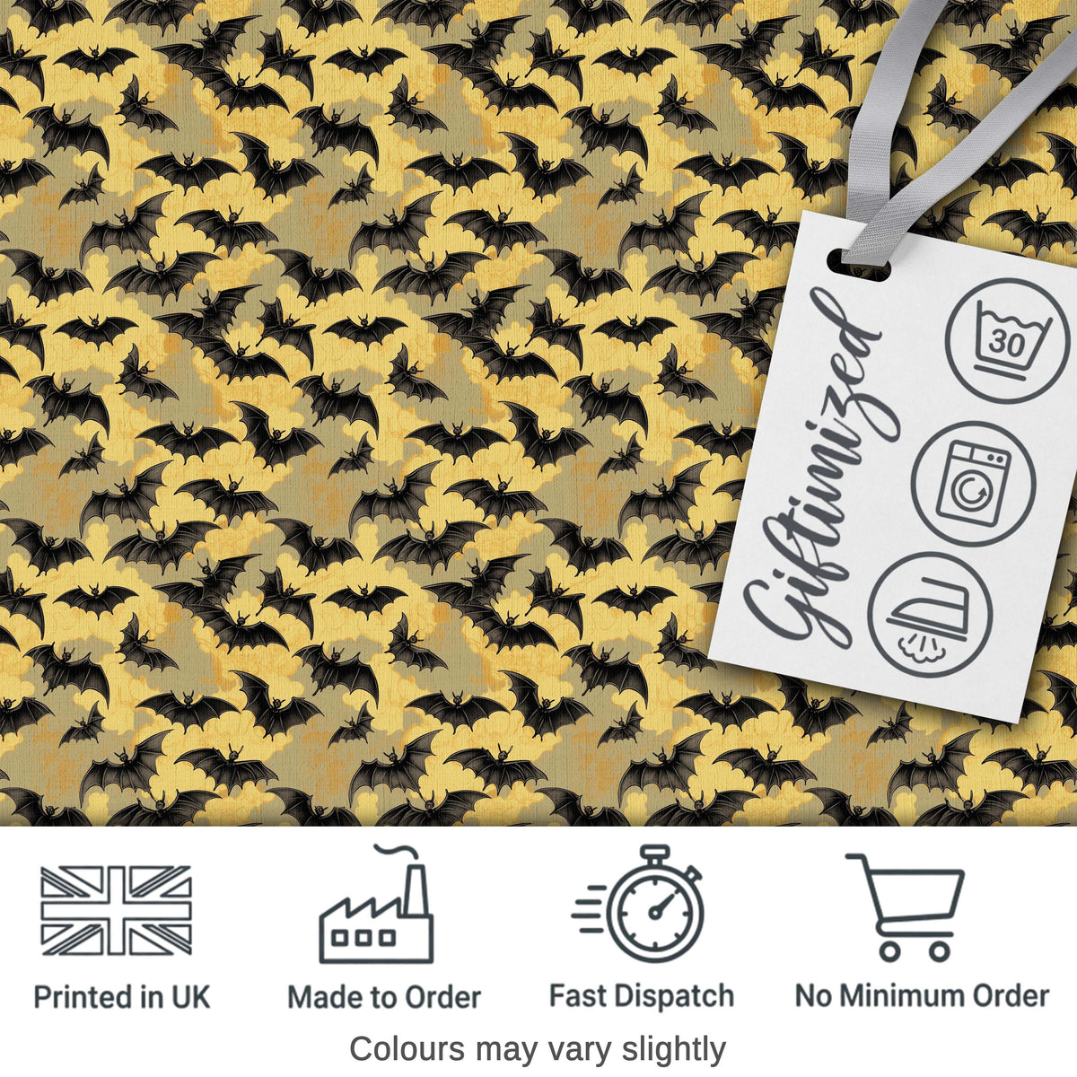 Classic Bats in Yellow Cloudy Sky Vintage Halloween Seamless Pattern Digital Print Fabric by the Metre UK Sewing Quilting Textile