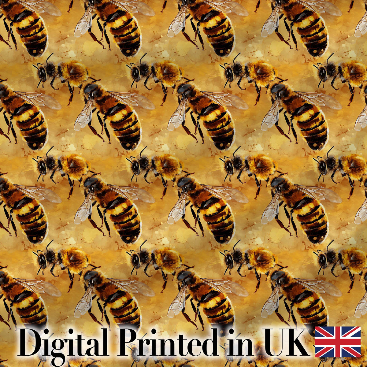 Detailed Honey Bees on Golden Background Nature Inspired Seamless Pattern Digital Print Fabric by the Metre UK Sewing Quilting Textile