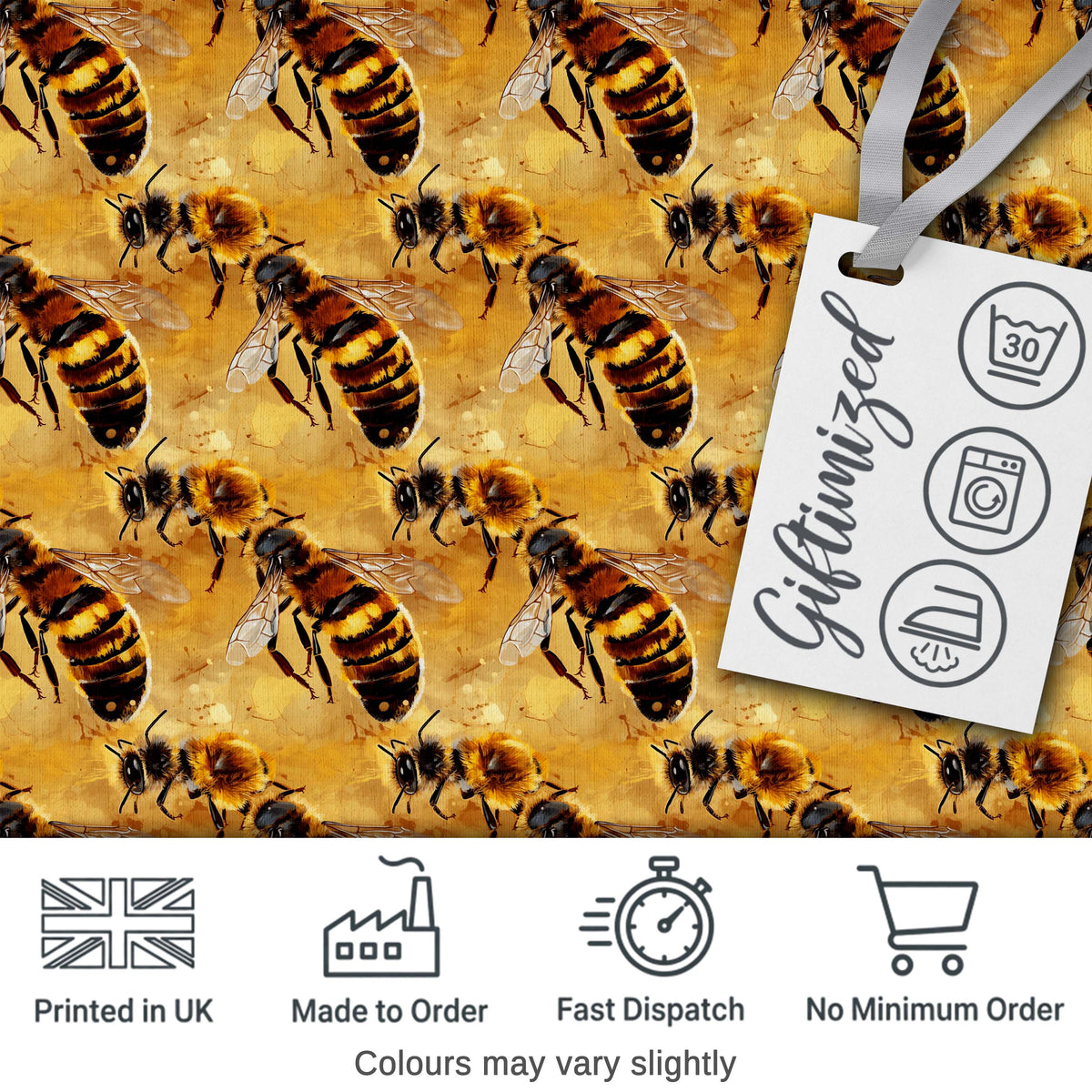 Detailed Honey Bees on Golden Background Nature Inspired Seamless Pattern Digital Print Fabric by the Metre UK Sewing Quilting Textile