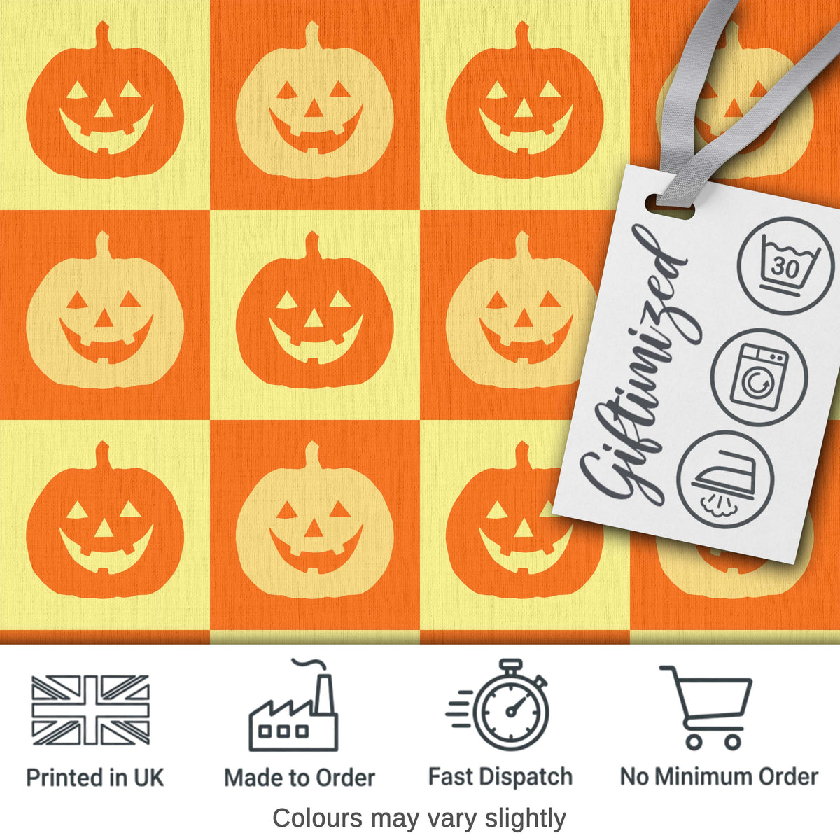 Halloween Pumpkin Faces in Warm Yellow and Orange Grid Seamless Pattern Digital Print Fabric by the Metre UK Sewing Quilting Textile