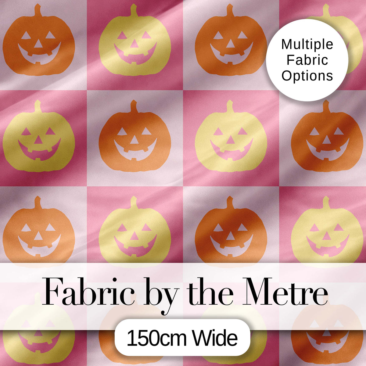Cute Pumpkin Faces on Soft Pink Background Halloween Seamless Pattern Digital Print Fabric by the Metre UK Sewing Quilting Textile