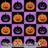 Halloween Pumpkin Faces on Purple and Black Checkerboard Seamless Pattern Digital Print Fabric by the Metre UK Sewing Quilting Textile