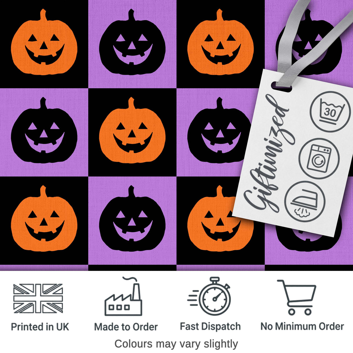 Halloween Pumpkin Faces on Purple and Black Checkerboard Seamless Pattern Digital Print Fabric by the Metre UK Sewing Quilting Textile