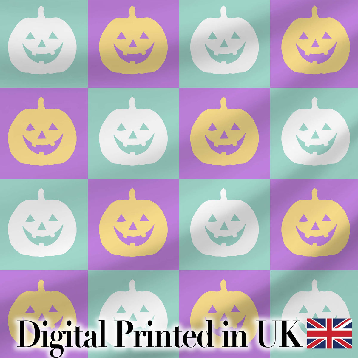 Pastel Pumpkin Faces on Mint and Lavender Background Seamless Halloween Pattern Digital Print Fabric by the Metre UK Sewing Quilting Textile