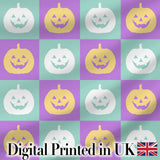 Pastel Pumpkin Faces on Mint and Lavender Background Seamless Halloween Pattern Digital Print Fabric by the Metre UK Sewing Quilting Textile