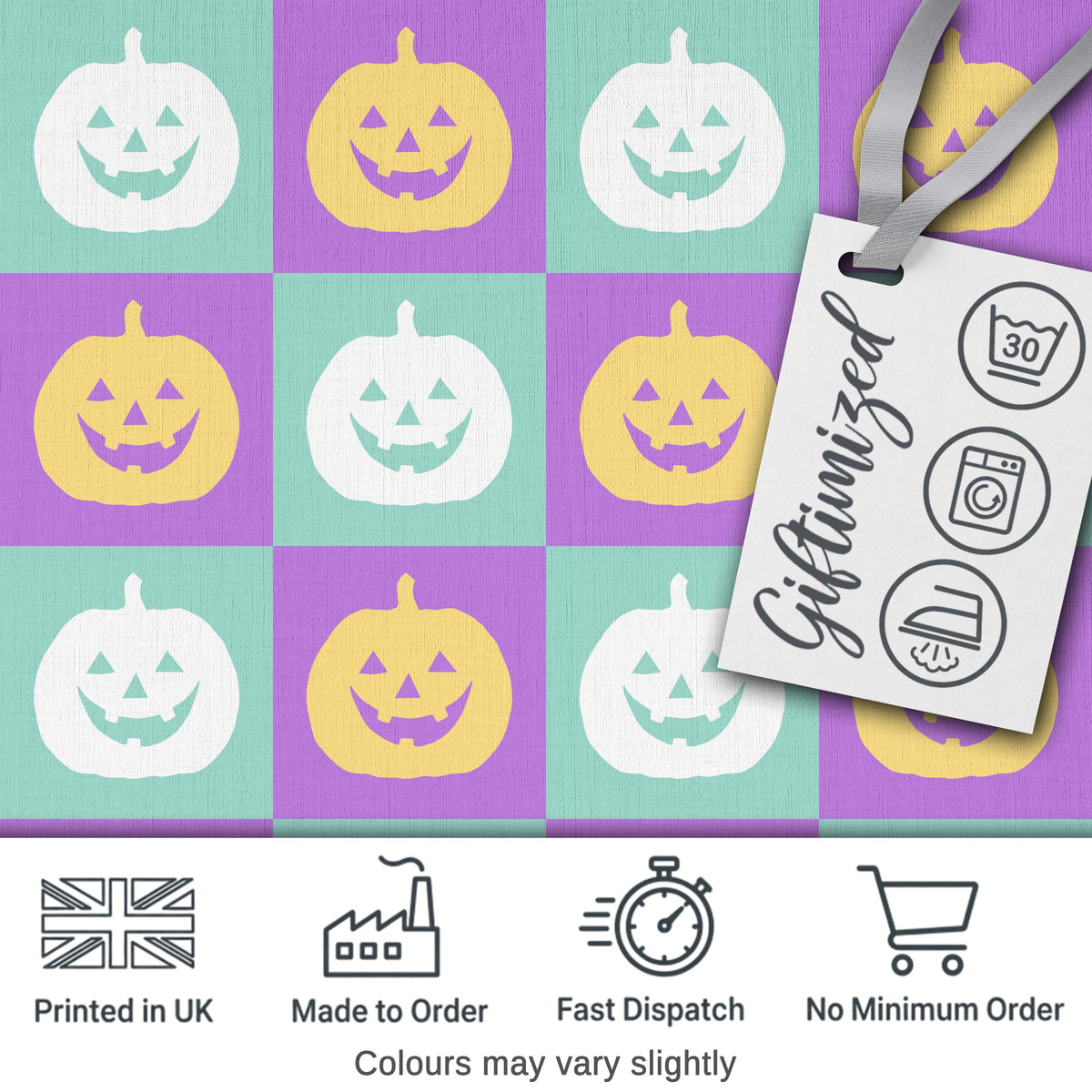 Pastel Pumpkin Faces on Mint and Lavender Background Seamless Halloween Pattern Digital Print Fabric by the Metre UK Sewing Quilting Textile