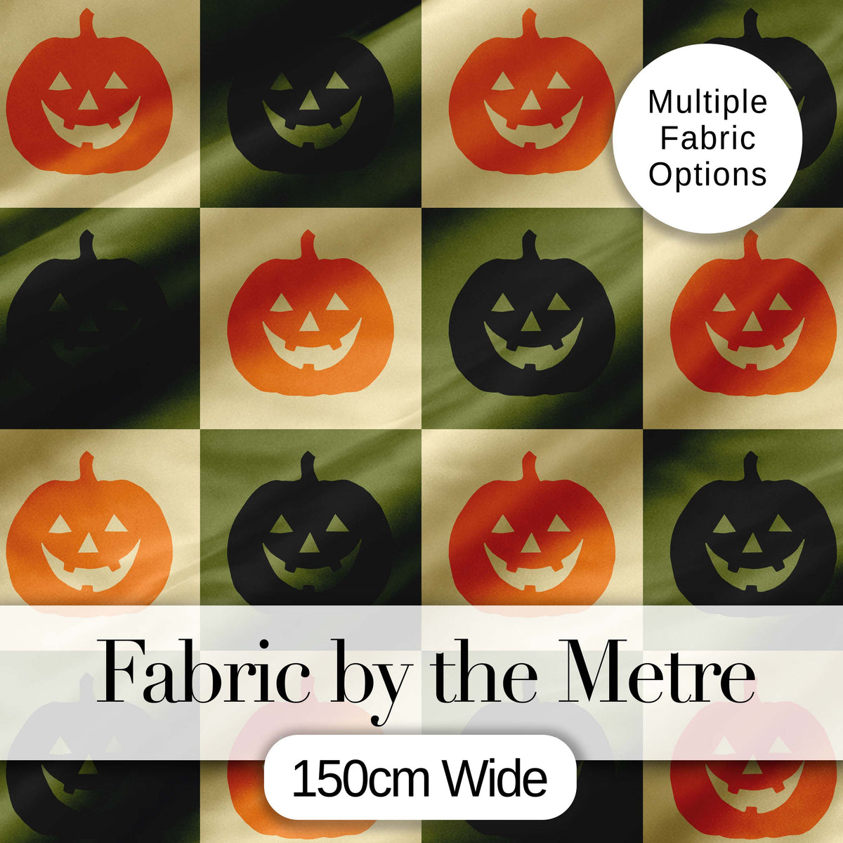 Halloween Pumpkin Faces in Olive and Beige  Checkerboard Seamless Pattern Digital Print Fabric by the Metre UK Sewing Quilting Textile