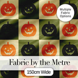 Halloween Pumpkin Faces in Olive and Beige  Checkerboard Seamless Pattern Digital Print Fabric by the Metre UK Sewing Quilting Textile
