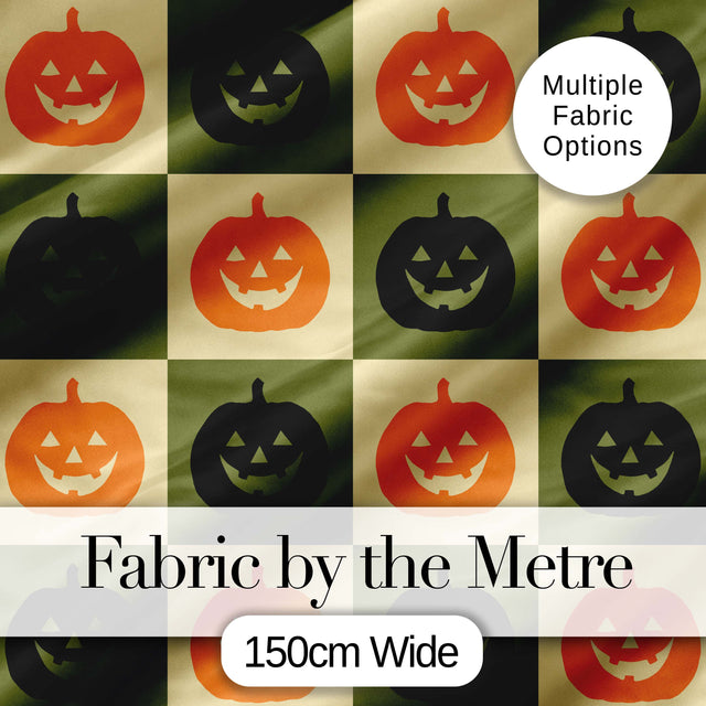 Halloween Pumpkin Faces in Olive and Beige  Checkerboard Seamless Pattern Digital Print Fabric by the Metre UK Sewing Quilting Textile