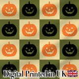 Halloween Pumpkin Faces in Olive and Beige  Checkerboard Seamless Pattern Digital Print Fabric by the Metre UK Sewing Quilting Textile