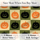 Halloween Pumpkin Faces in Olive and Beige  Checkerboard Seamless Pattern Digital Print Fabric by the Metre UK Sewing Quilting Textile