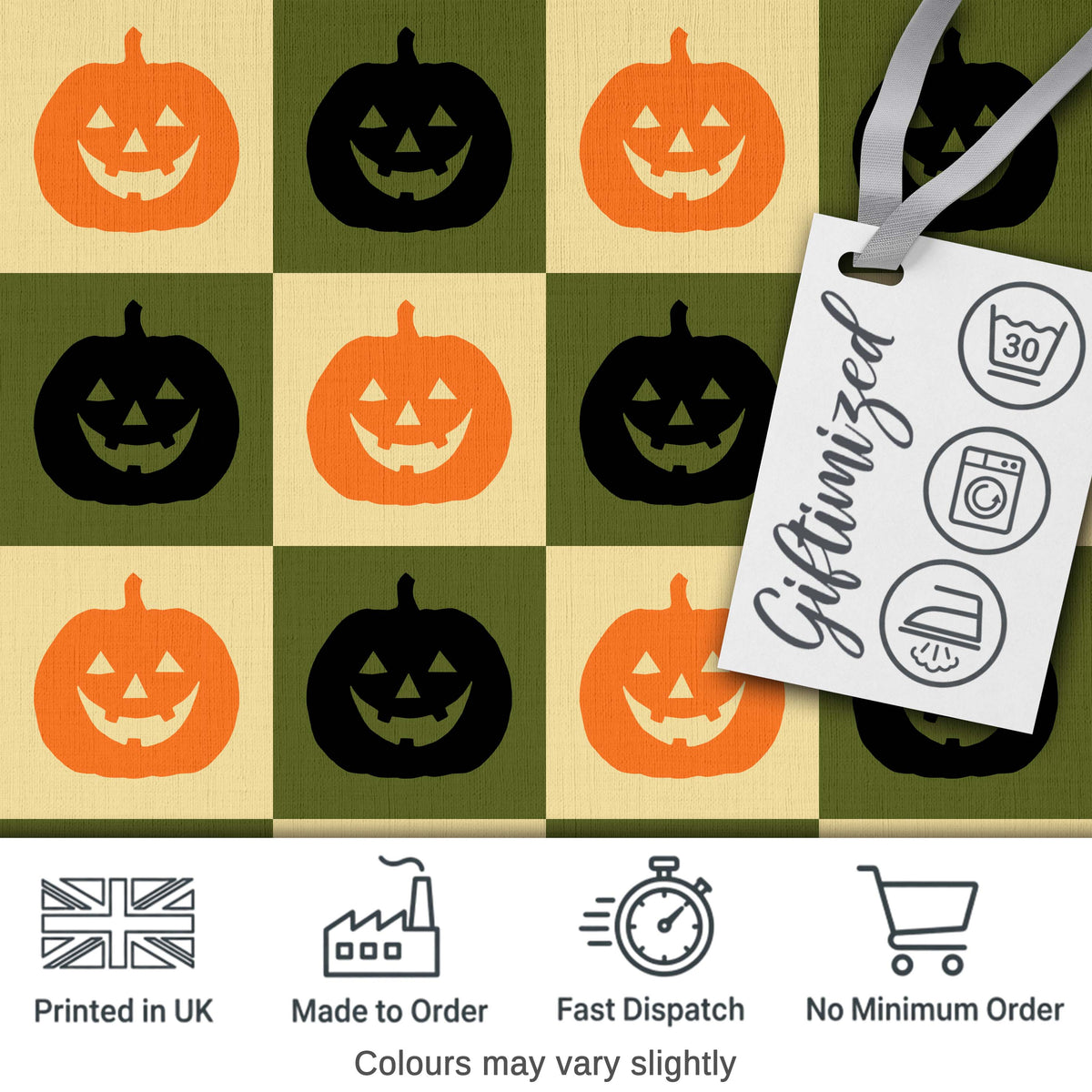 Halloween Pumpkin Faces in Olive and Beige  Checkerboard Seamless Pattern Digital Print Fabric by the Metre UK Sewing Quilting Textile