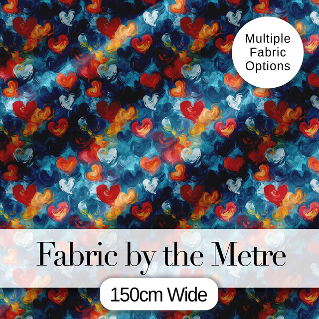 Abstract Painted Hearts Blue Red Orange Brushstroke Seamless Pattern Digital Print Fabric by the Metre UK Sewing Quilting Textile