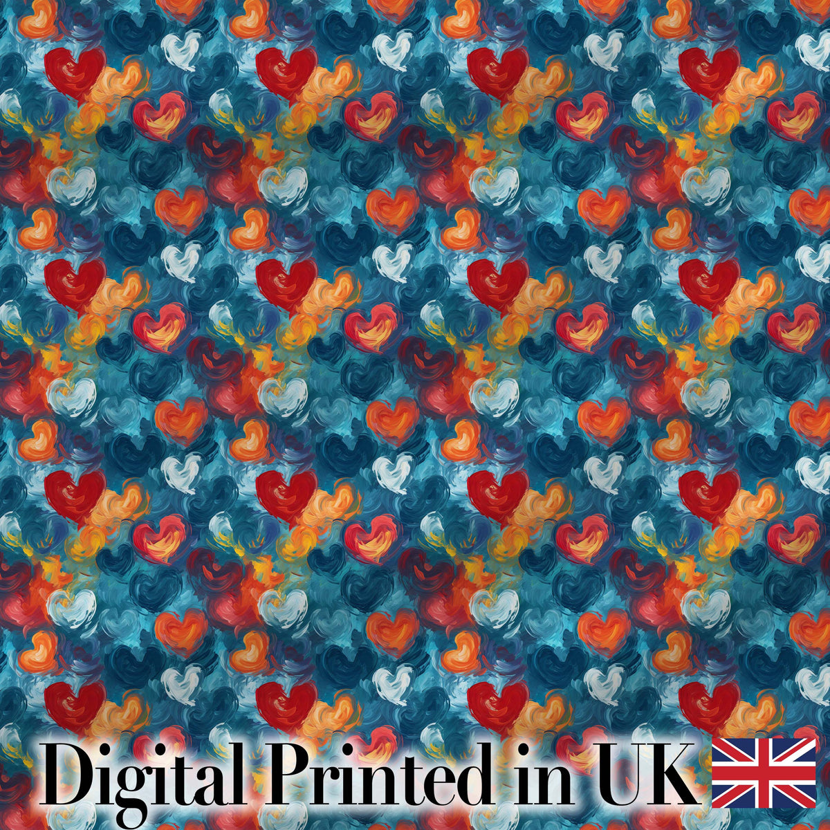 Abstract Painted Hearts Blue Red Orange Brushstroke Seamless Pattern Digital Print Fabric by the Metre UK Sewing Quilting Textile