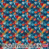 Abstract Painted Hearts Blue Red Orange Brushstroke Seamless Pattern Digital Print Fabric by the Metre UK Sewing Quilting Textile