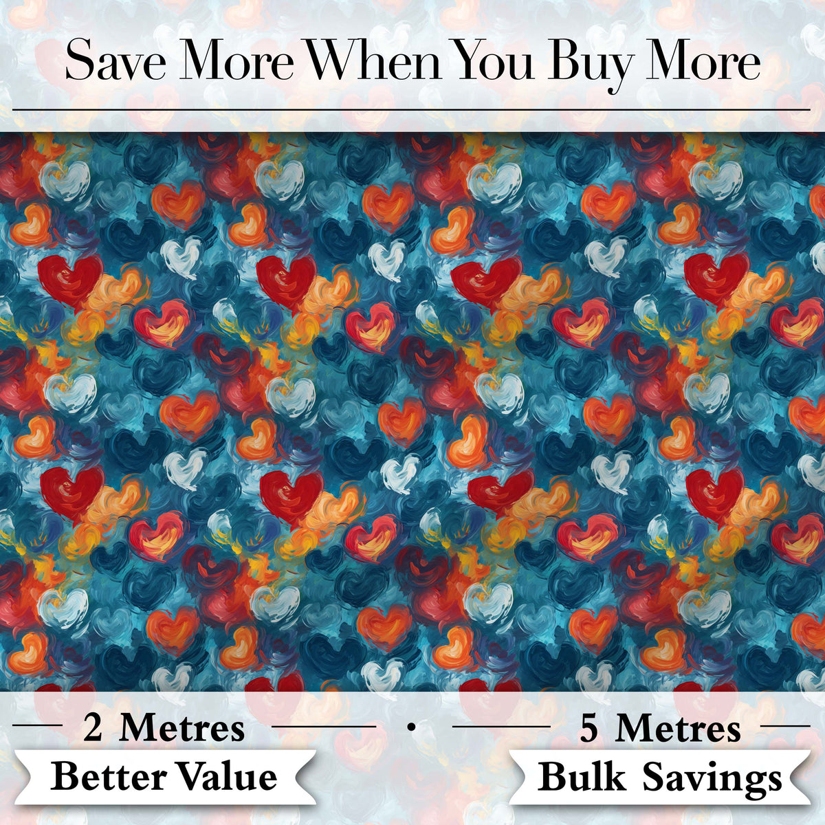Abstract Painted Hearts Blue Red Orange Brushstroke Seamless Pattern Digital Print Fabric by the Metre UK Sewing Quilting Textile