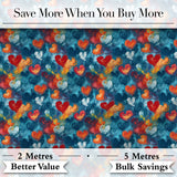 Abstract Painted Hearts Blue Red Orange Brushstroke Seamless Pattern Digital Print Fabric by the Metre UK Sewing Quilting Textile