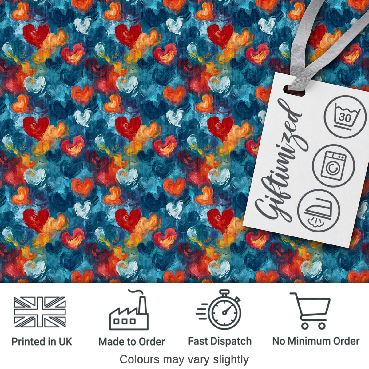 Abstract Painted Hearts Blue Red Orange Brushstroke Seamless Pattern Digital Print Fabric by the Metre UK Sewing Quilting Textile
