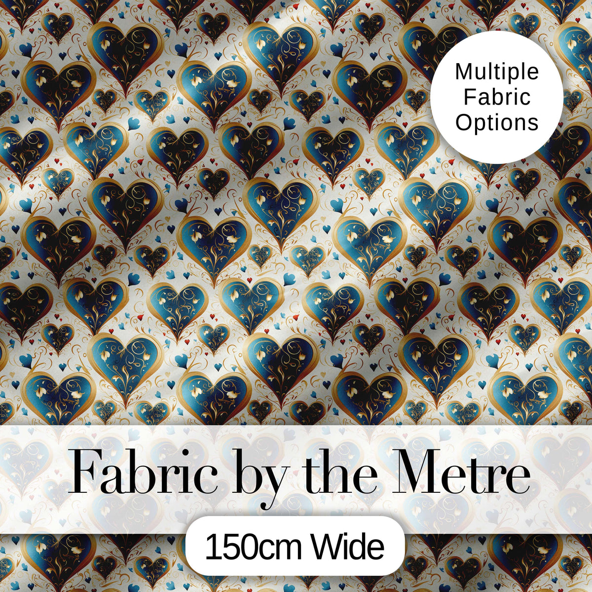 Elegant Blue Gold Ornate Heart Scrollwork Romantic Seamless Pattern Digital Print Fabric by the Metre UK Sewing Quilting Textile