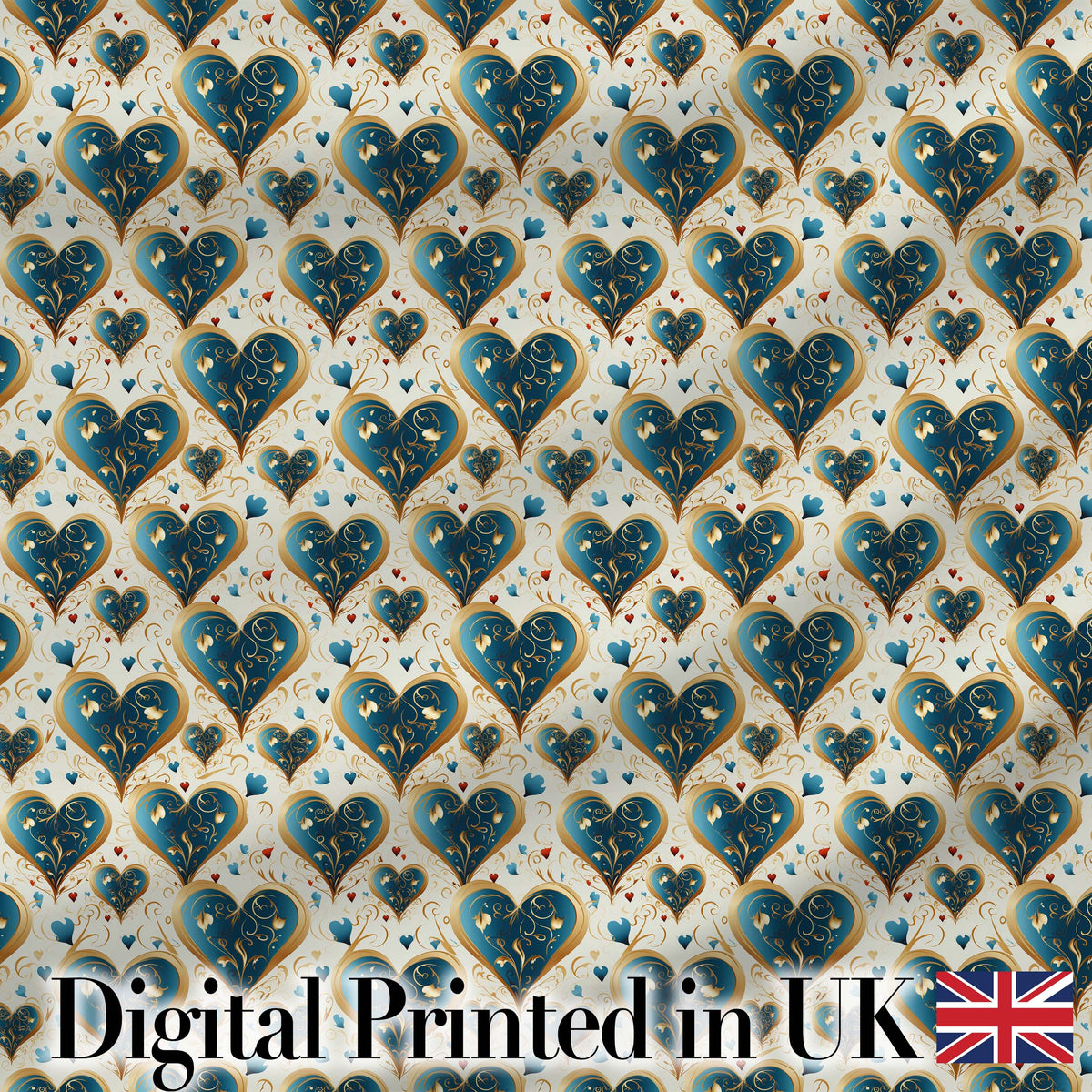 Elegant Blue Gold Ornate Heart Scrollwork Romantic Seamless Pattern Digital Print Fabric by the Metre UK Sewing Quilting Textile