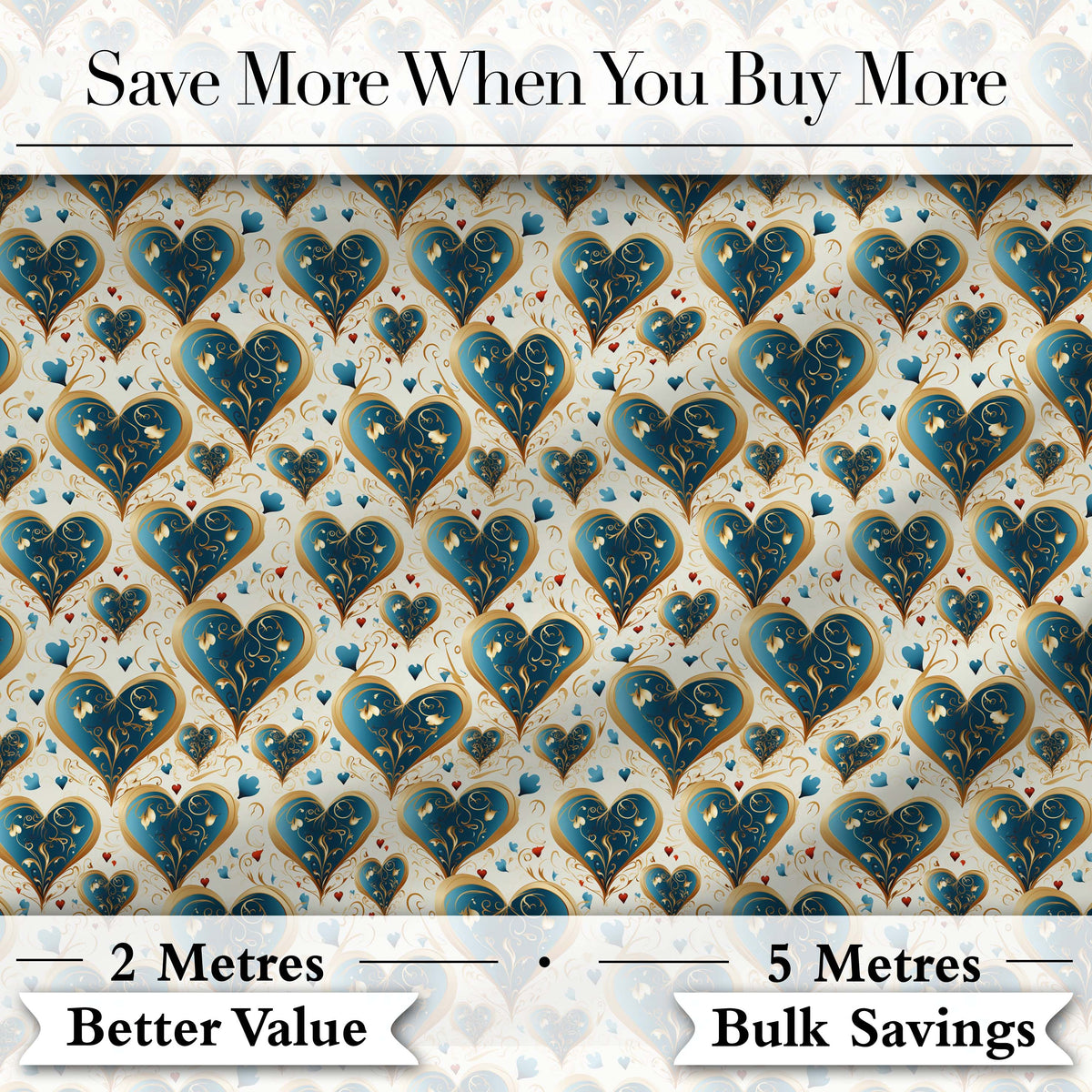Elegant Blue Gold Ornate Heart Scrollwork Romantic Seamless Pattern Digital Print Fabric by the Metre UK Sewing Quilting Textile