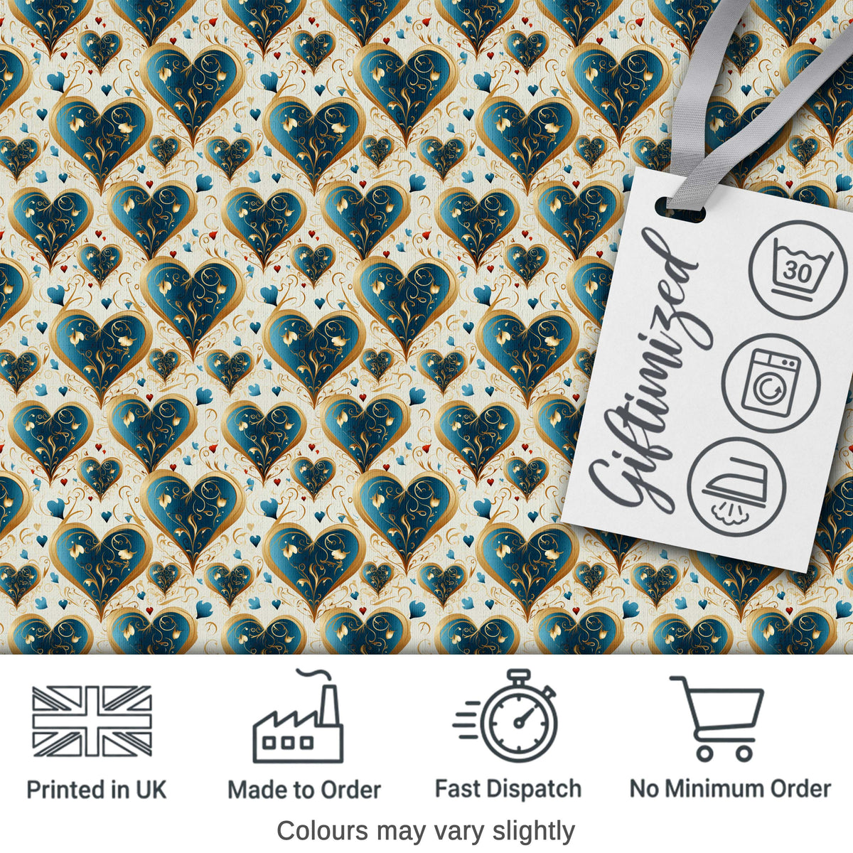 Elegant Blue Gold Ornate Heart Scrollwork Romantic Seamless Pattern Digital Print Fabric by the Metre UK Sewing Quilting Textile