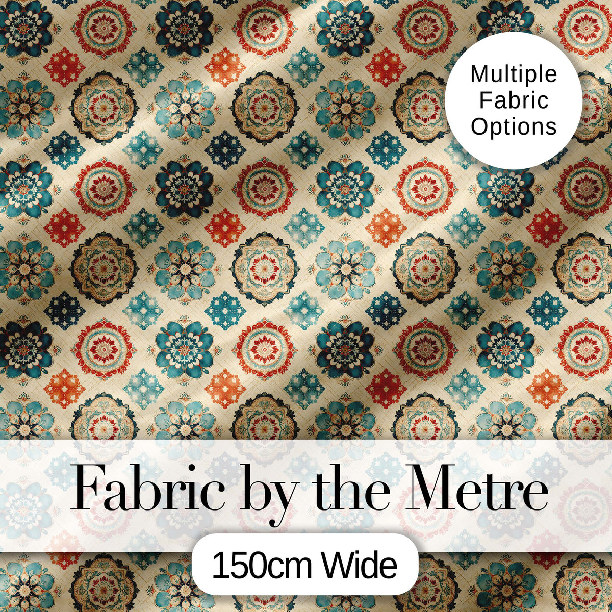 Boho Mandala Floral Medallion Teal Coral Seamless Pattern Digital Print Fabric by the Metre UK Sewing Quilting Textile