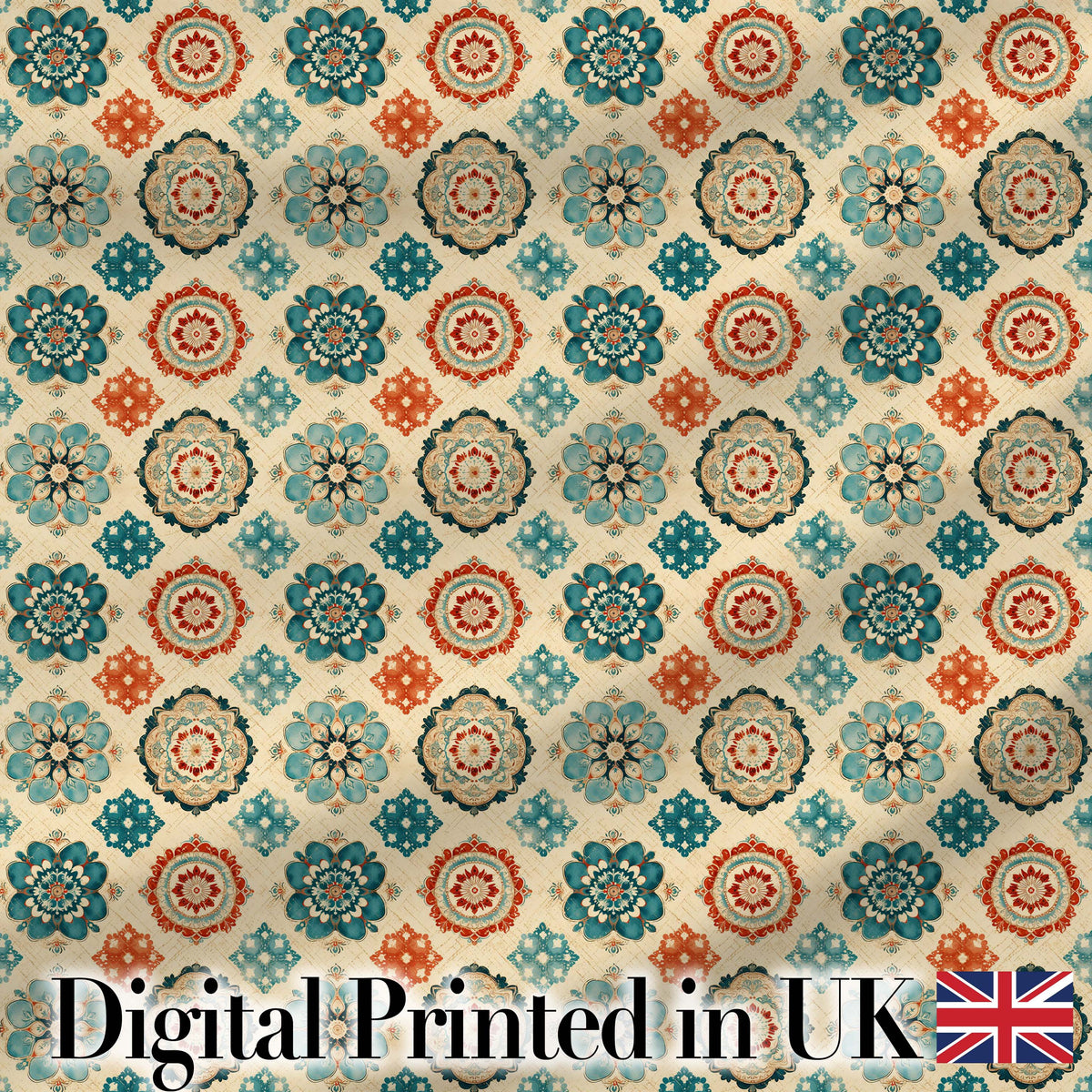 Boho Mandala Floral Medallion Teal Coral Seamless Pattern Digital Print Fabric by the Metre UK Sewing Quilting Textile