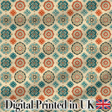 Boho Mandala Floral Medallion Teal Coral Seamless Pattern Digital Print Fabric by the Metre UK Sewing Quilting Textile