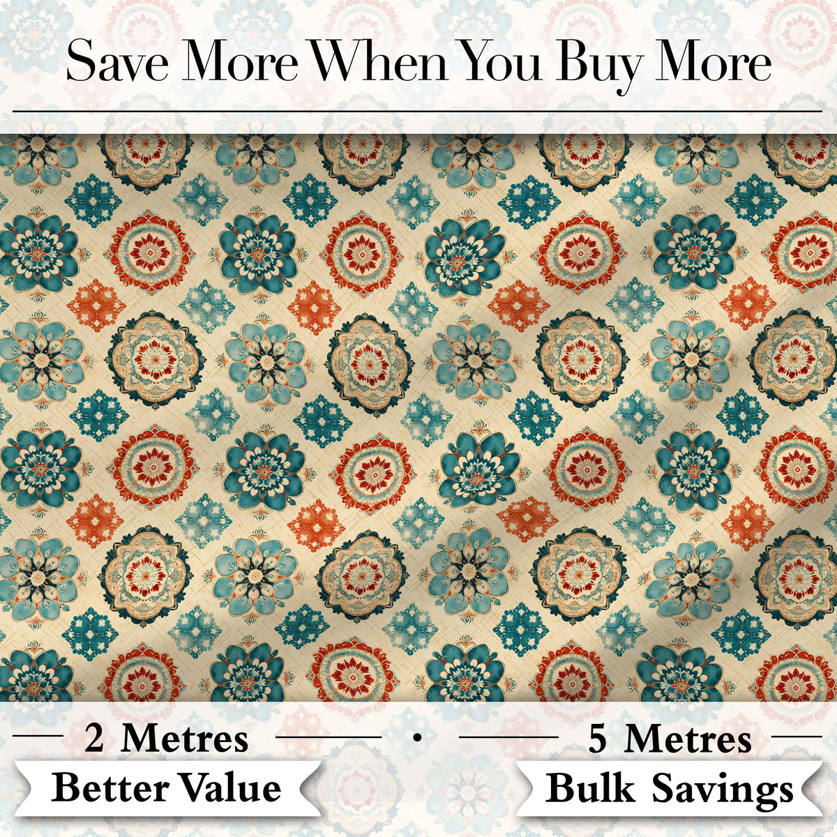 Boho Mandala Floral Medallion Teal Coral Seamless Pattern Digital Print Fabric by the Metre UK Sewing Quilting Textile