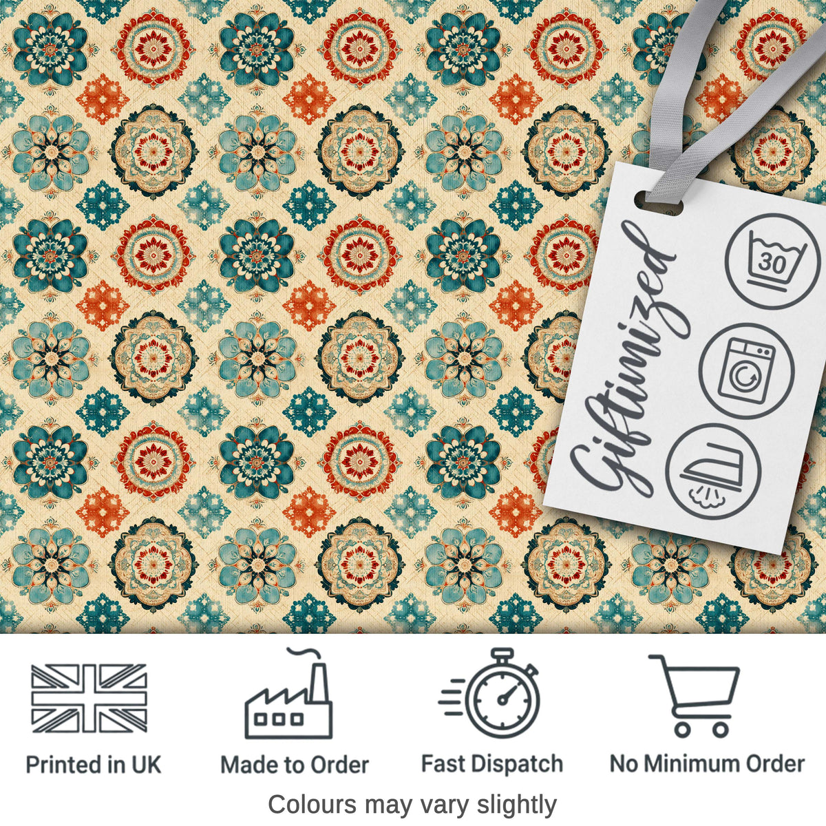 Boho Mandala Floral Medallion Teal Coral Seamless Pattern Digital Print Fabric by the Metre UK Sewing Quilting Textile