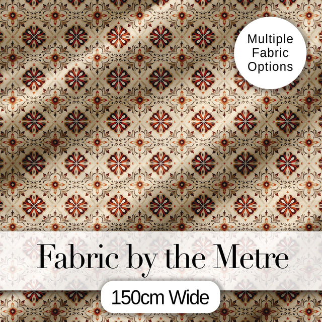 Rustic Geometric Floral Tile Brown Cream Vintage Seamless Pattern Digital Print Fabric by the Metre UK Sewing Quilting Textile