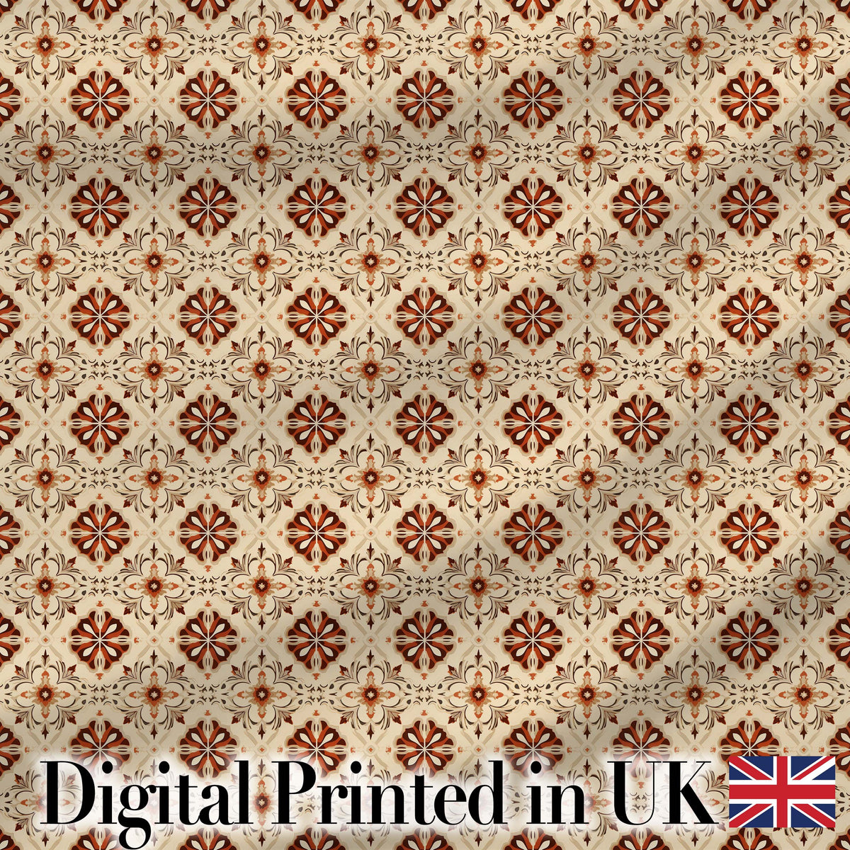 Rustic Geometric Floral Tile Brown Cream Vintage Seamless Pattern Digital Print Fabric by the Metre UK Sewing Quilting Textile