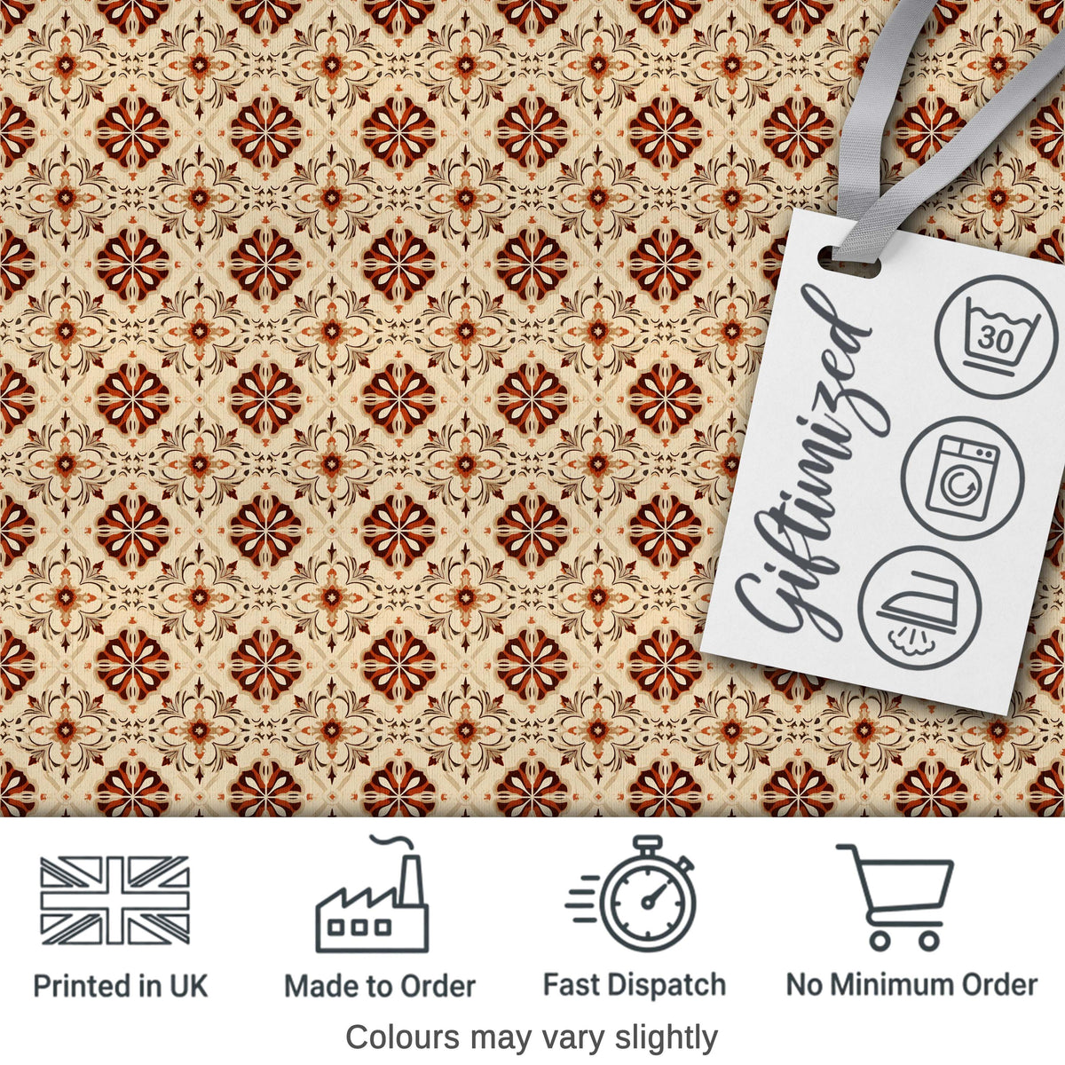 Rustic Geometric Floral Tile Brown Cream Vintage Seamless Pattern Digital Print Fabric by the Metre UK Sewing Quilting Textile