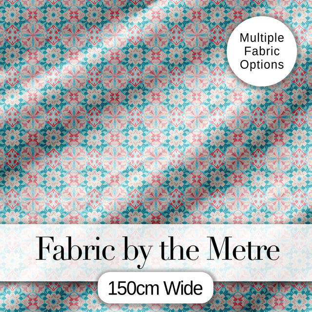 Pastel Floral Geometric Tile Pink Teal Seamless Pattern Digital Print Fabric by the Metre UK Sewing Quilting Textile