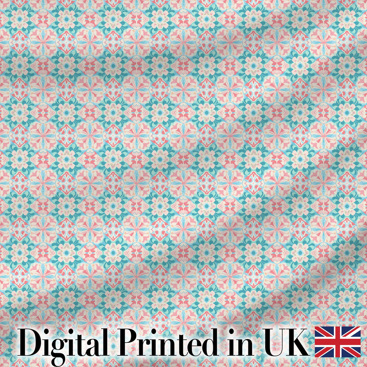 Pastel Floral Geometric Tile Pink Teal Seamless Pattern Digital Print Fabric by the Metre UK Sewing Quilting Textile